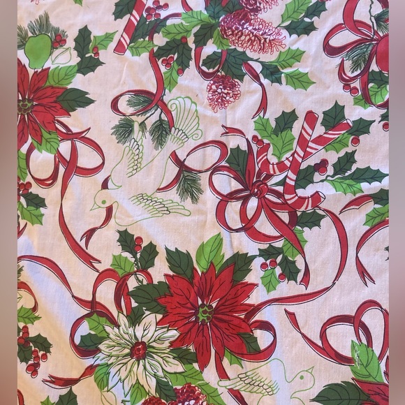 Vintage Christms Tablecloth LONG 101” x 60” poinsettias, candy, canes, pinecones - Picture 3 of 4